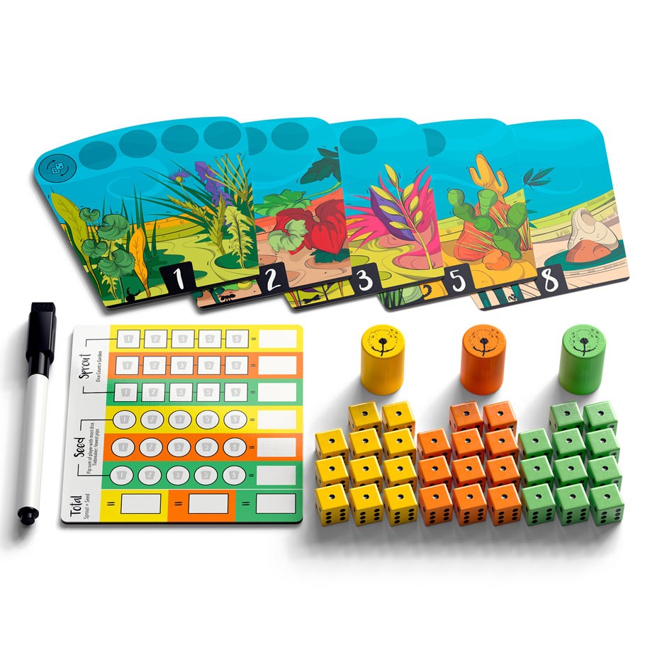 Dandelions - Colorful game cards with dandelion illustrations, score sheet, marker, and wooden game pieces in yellow, orange, and green.