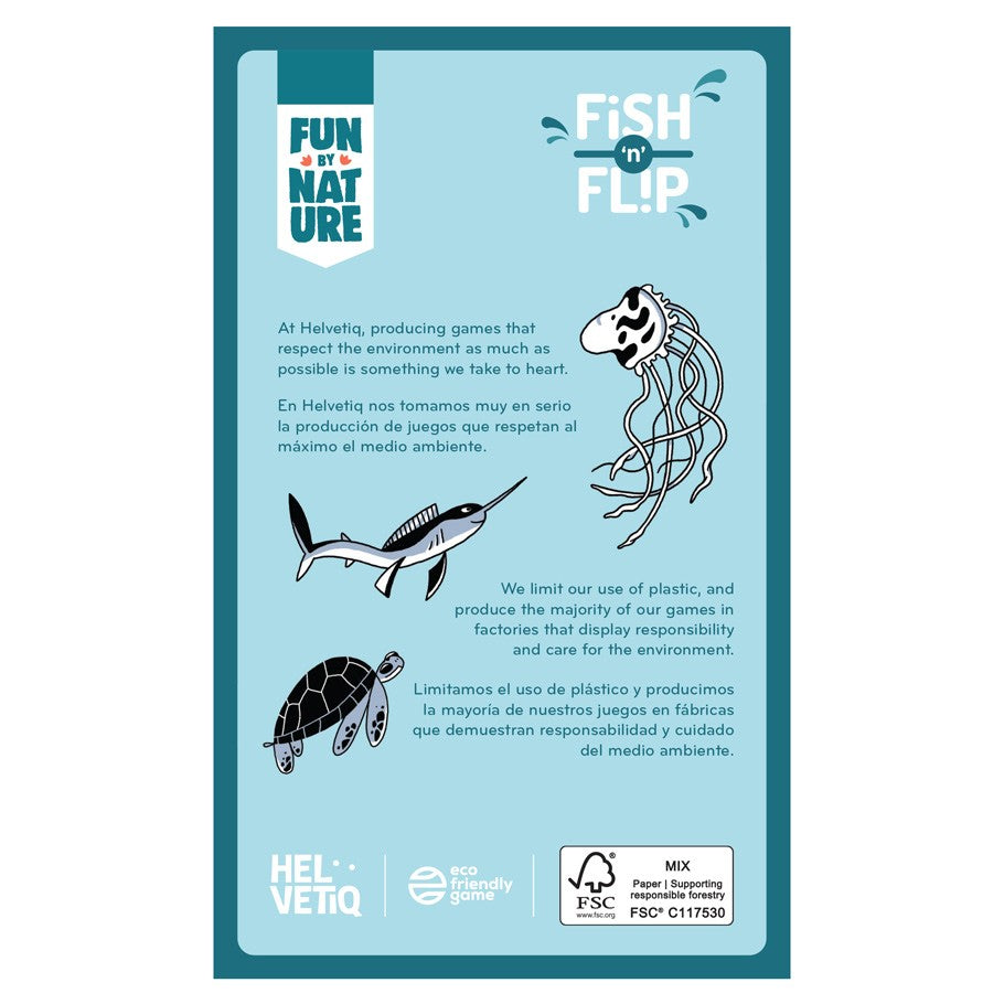 Fish 'n' Flip - Light blue rectangular game box with black and white aquatic illustrations and white text detailing game information.