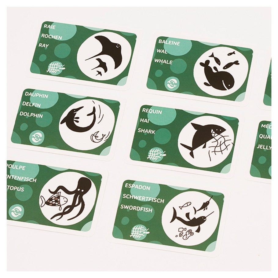 Fish 'n' Flip - Fish 'n' Flip game cards featuring illustrated marine animals like ray, whale, dolphin, shark, octopus, and swordfish on.