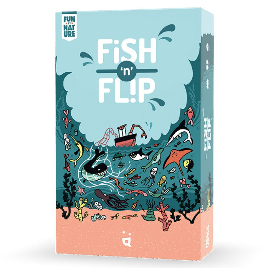 Fish 'n' Flip - Fish 'n' Flip game box with underwater scene of a sunken ship, fish, and seaweed on teal and peach background.