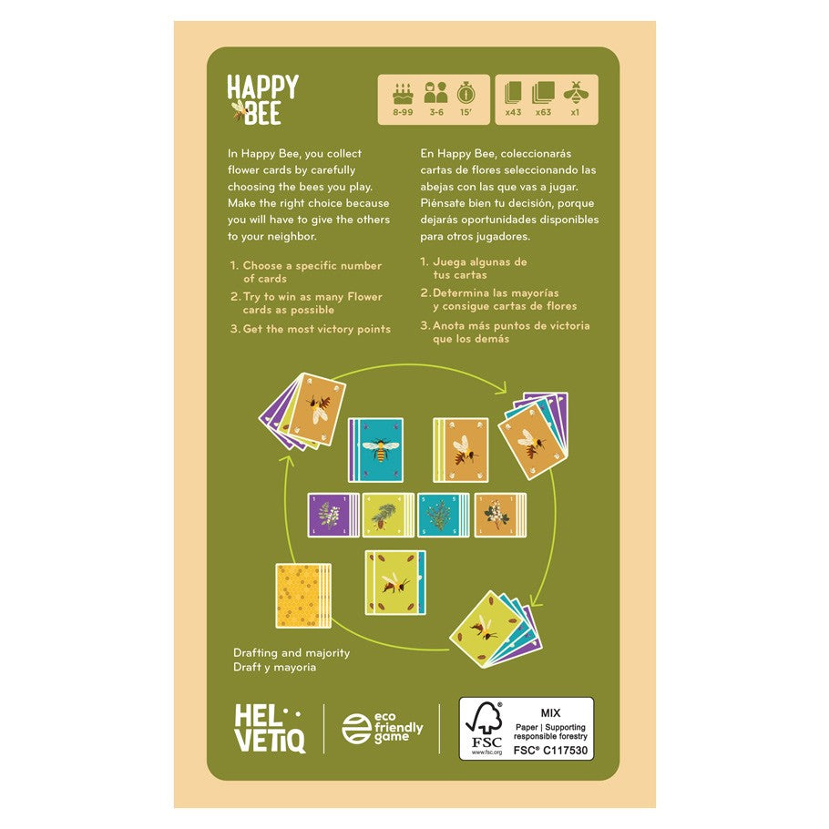 Happy Bee - Happy Bee card game box back featuring game instructions and colorful illustrated cards arranged in a pattern on an olive.