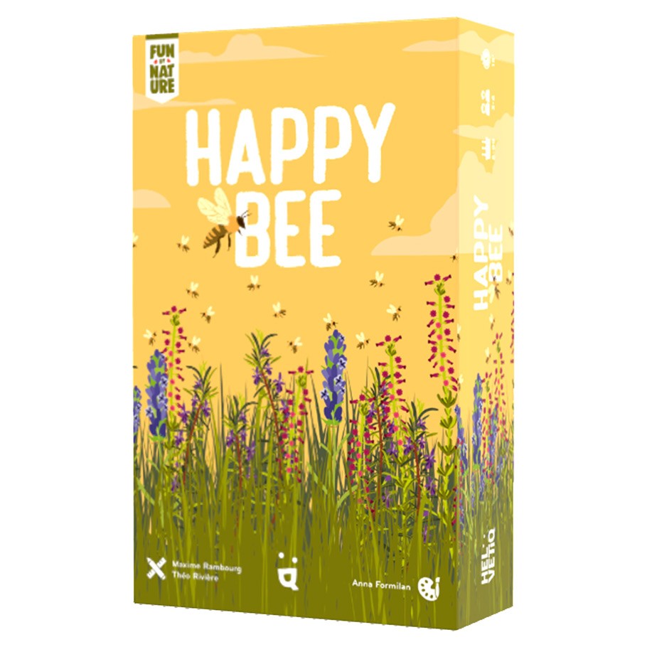 Happy Bee - Yellow Happy Bee card game box with wildflowers and buzzing bees illustration.