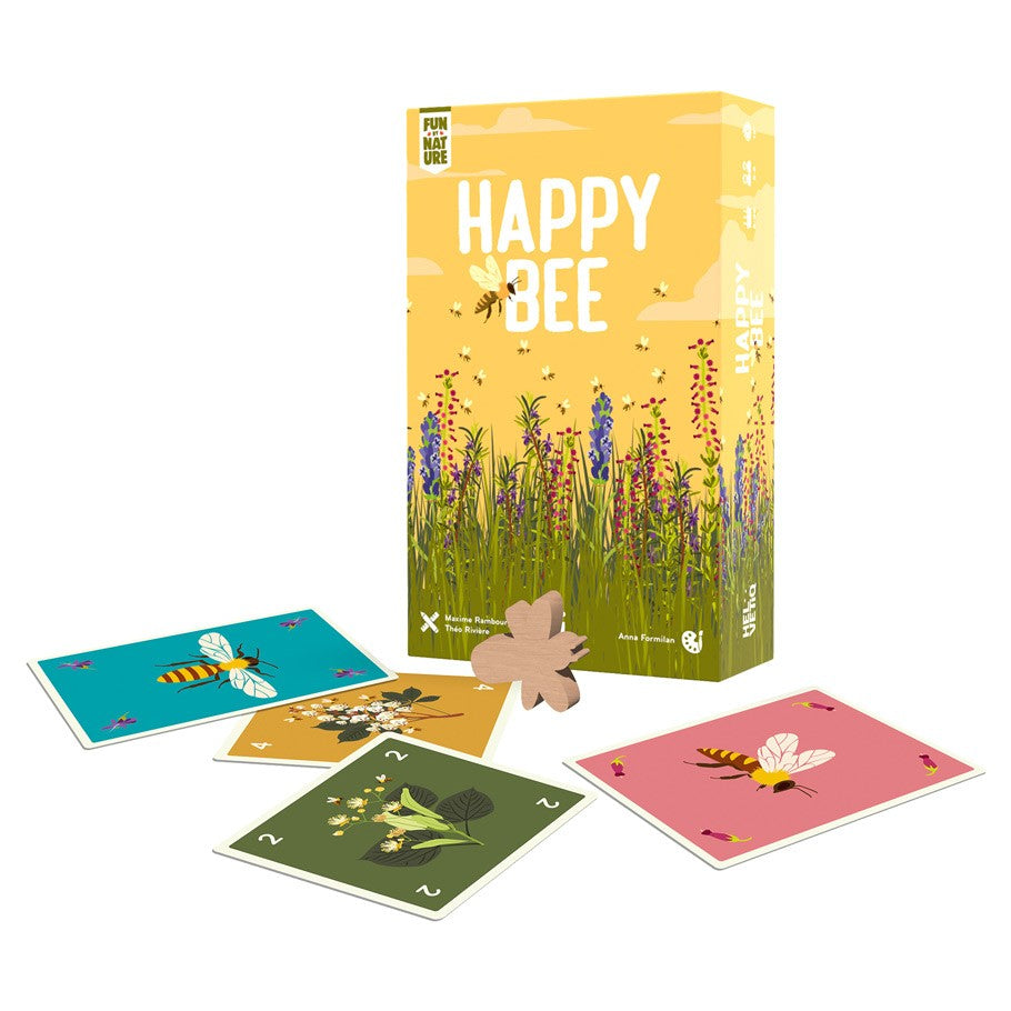 Happy Bee - Happy Bee card game box with colorful cards featuring bees and wildflowers, including a wooden bee game piece.