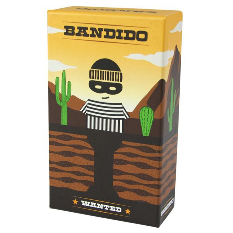 Bandido - Bandido box with cartoon bandit wearing striped shirt and black mask in desert scene.
