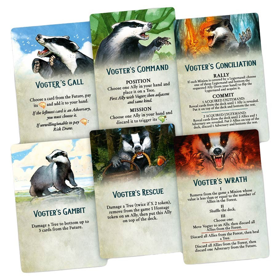 Skoventyr - Six rectangular game cards with colorful illustrated animal characters and detailed text instructions, each with a unique.
