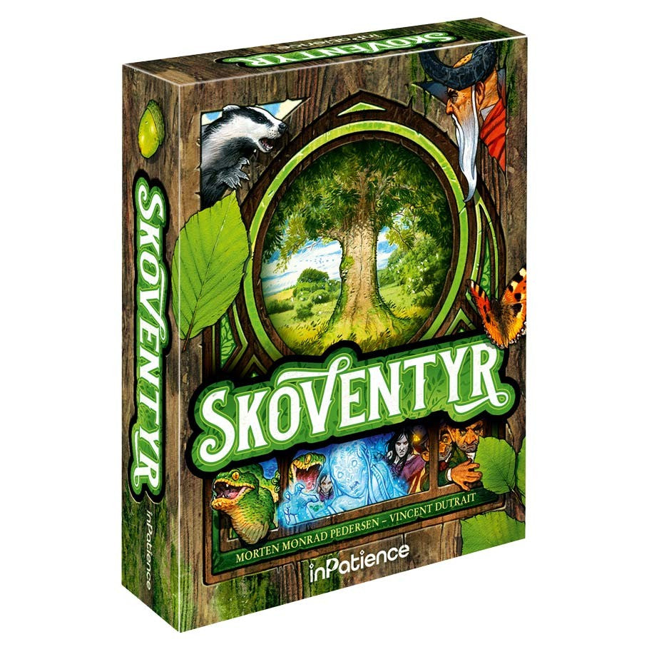 Skoventyr - Skoventyr game box with forest tree illustration and animal characters on wood-textured background.
