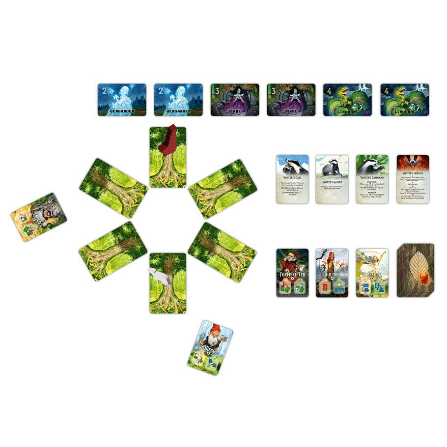 Skoventyr - Skoventyr cooperative family board game spread with nature-themed cards and character tiles arranged on a white surface.