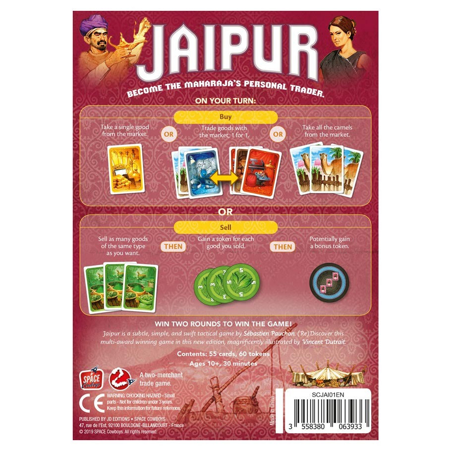 Jaipur - Jaipur board game box cover with illustrated characters and cards on a red background.