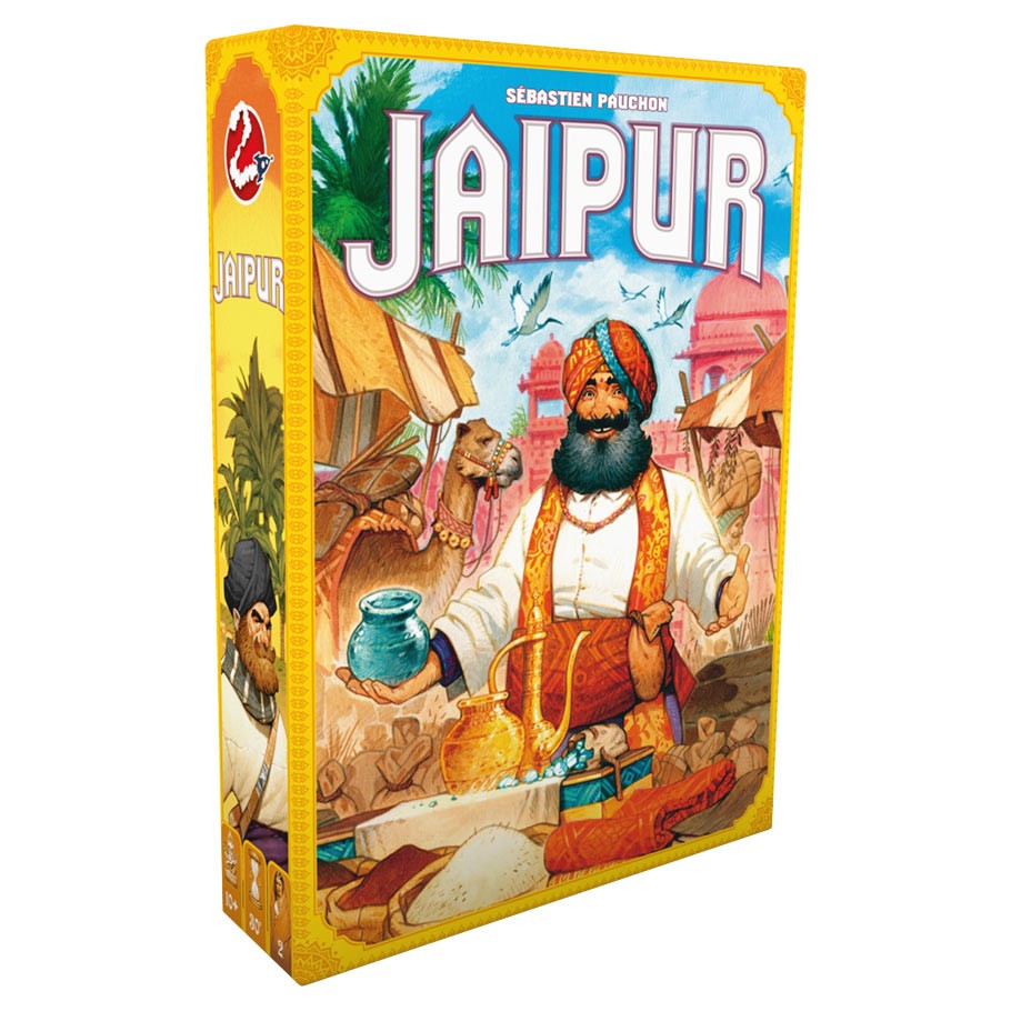 Jaipur - Jaipur card game box featuring an illustrated merchant with a turban, camel, and market scene in warm colors.