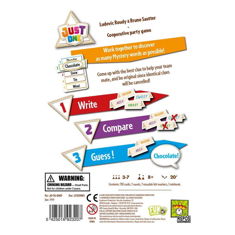 Just One - Colorful rectangular game cards with words and icons, labeled steps 1 Write, 2 Compare, 3 Guess, with a small box displaying