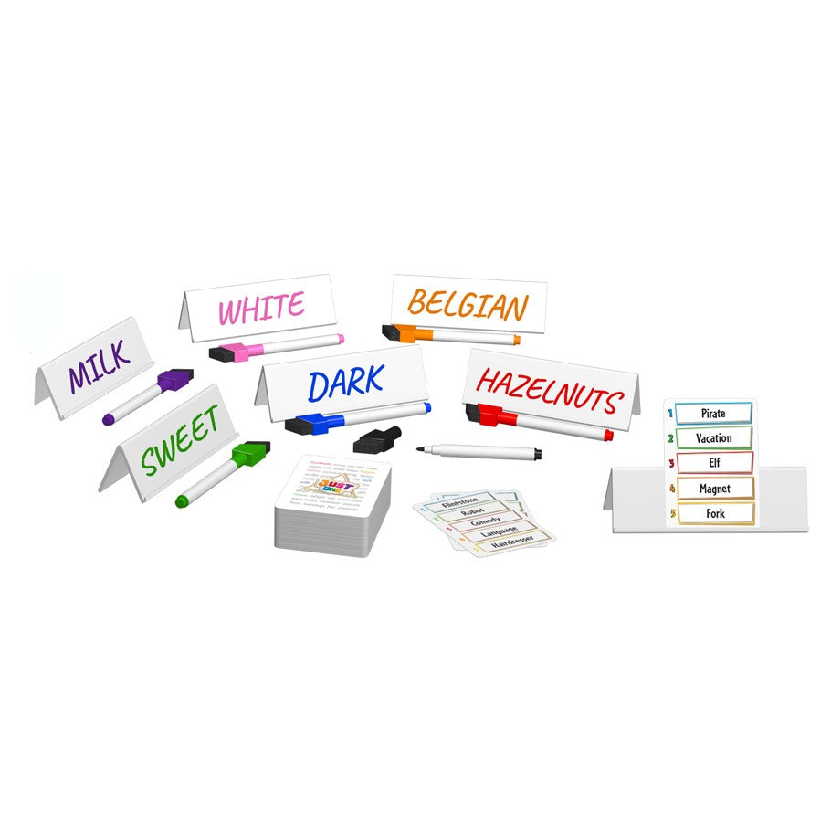 Just One - Just One cooperative word-guessing game with colorful markers, white cards, and word stands.