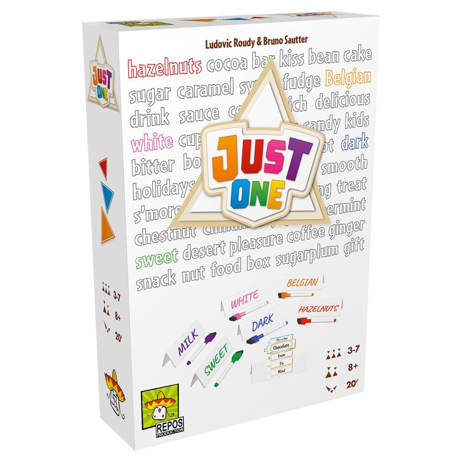 Just One - Just One cooperative party game box with colorful playful font and word cloud background.