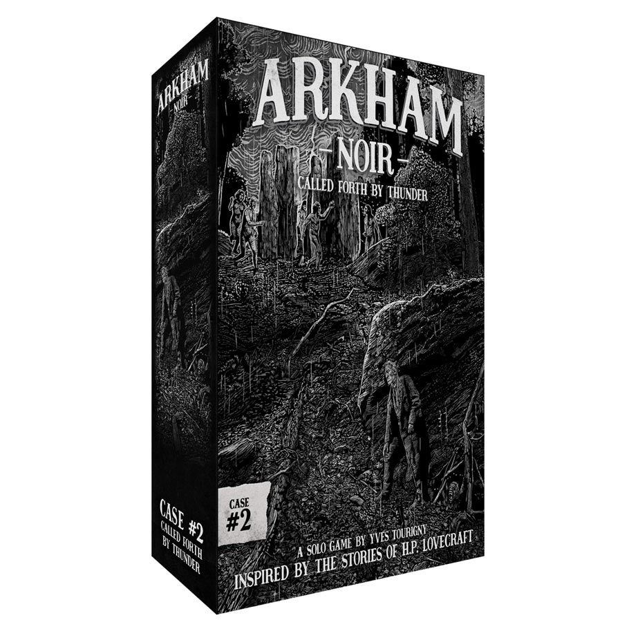 Arkham Noir: #2: Caled Forth By Thunder - Arkham Noir game box with black and white eerie forest scene and shadowy figures on cover.