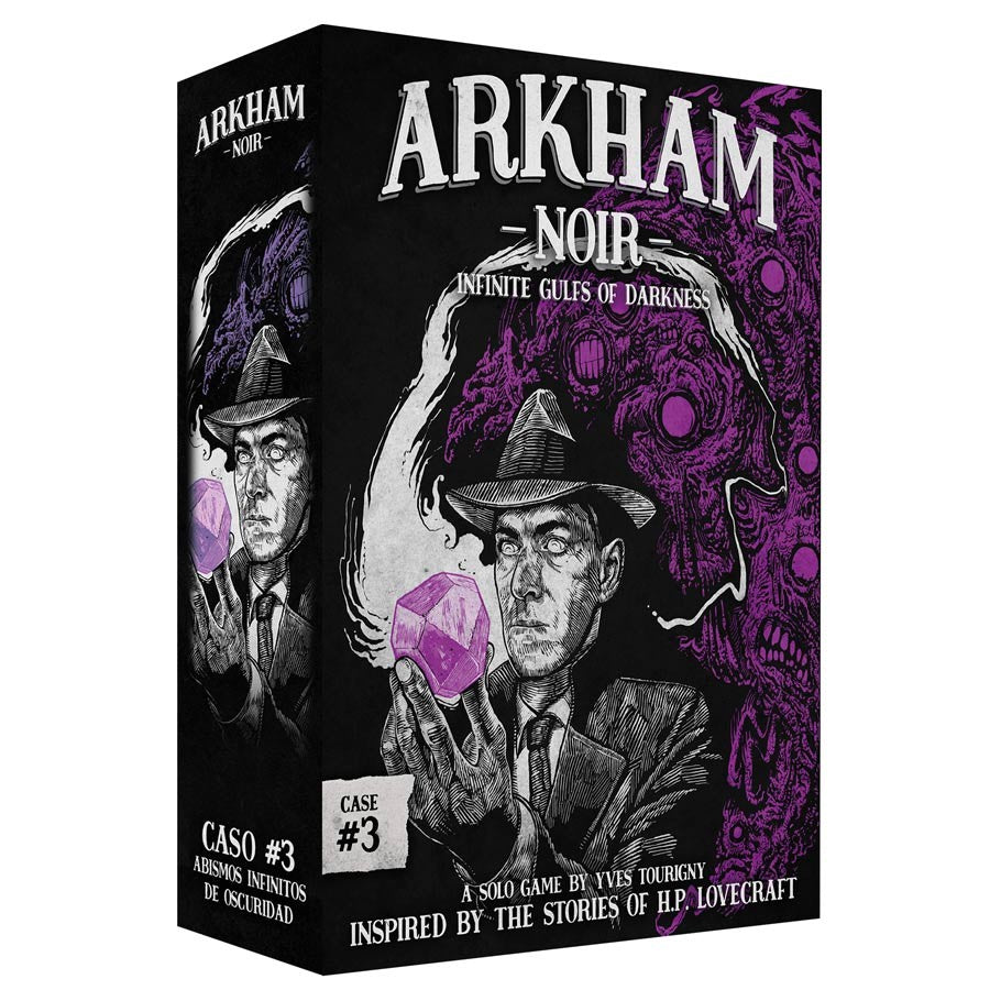 Arkham Noir: #3: Infinite Gulfs Darkness - Arkham Noir card game box with noir detective art and purple cosmic elements.