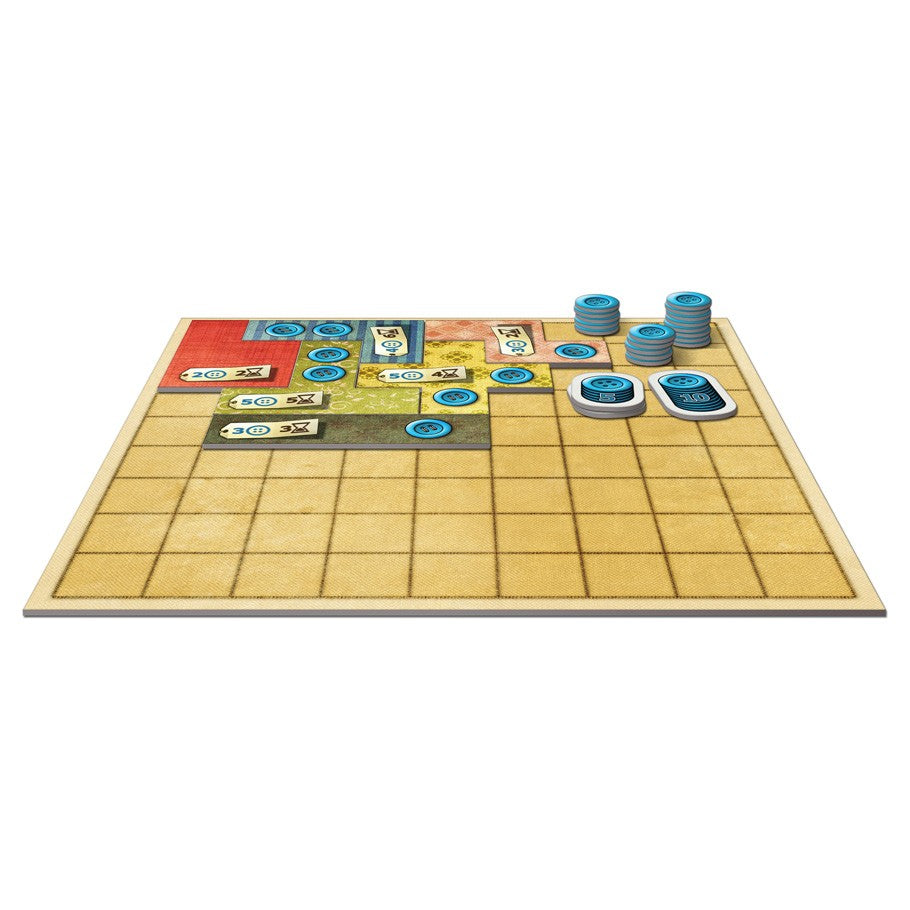 Patchwork - Wooden Patchwork game board with grid, fabric patches, tokens, and buttons for two players.