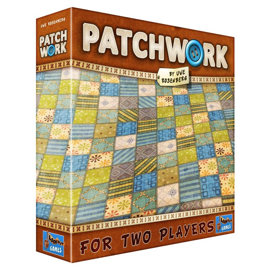 Patchwork - Patchwork board game box featuring a colorful quilt pattern with blue, yellow, and orange patch designs on front and sides.