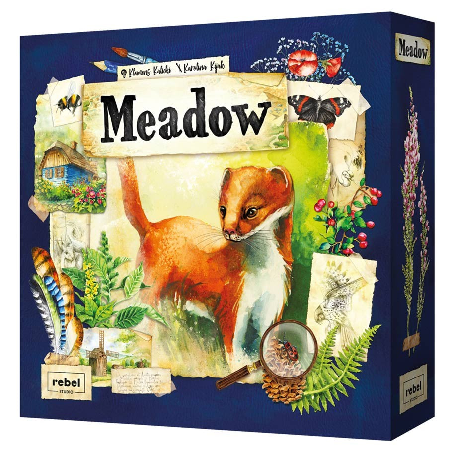 Meadow - Meadow card game box with fox illustration, surrounded by plants, compass, and nature sketches on dark blue background.