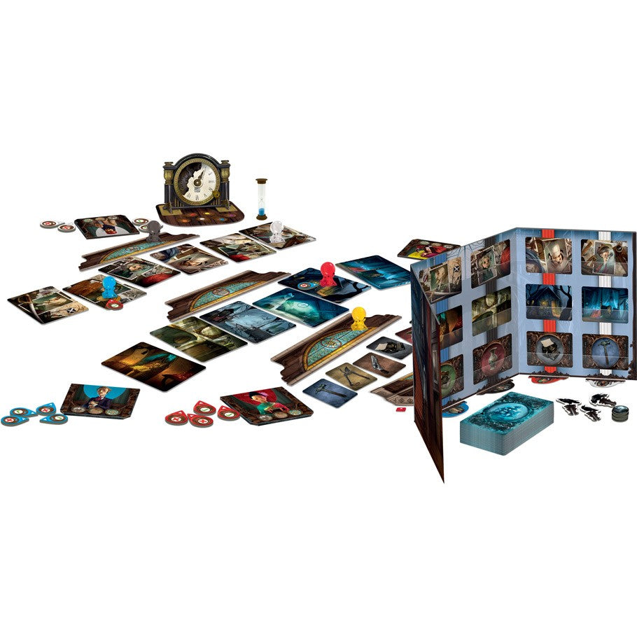 Mysterium - Mysterium board game with illustrated cards, clock timer, colorful player tokens, and a foldable screen on a white.