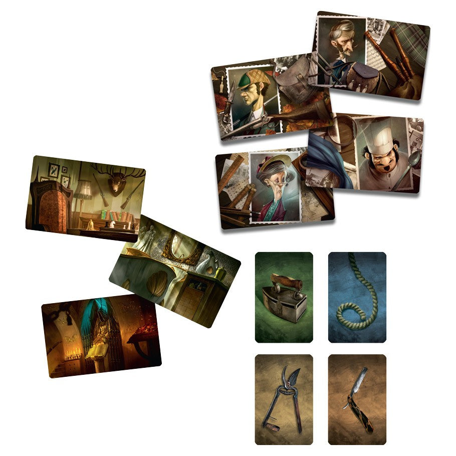 Mysterium - Set of illustrated game cards featuring mysterious characters and objects with dark, atmospheric art style.