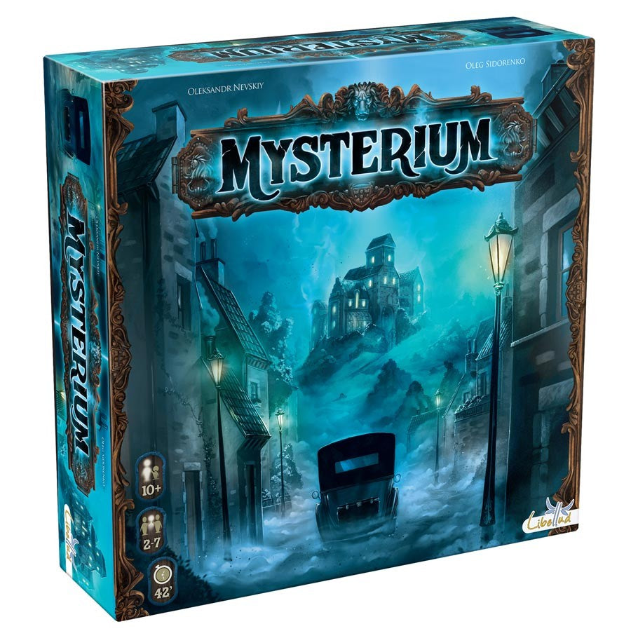 Mysterium - Mysterium board game box with eerie blue foggy street scene and vintage car at night.