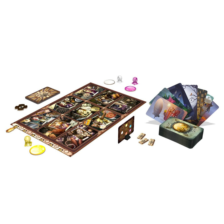Mysterium Park - Mysterium Park board game with illustrated game board, colorful character tokens, clue cards, and small wooden pieces in.