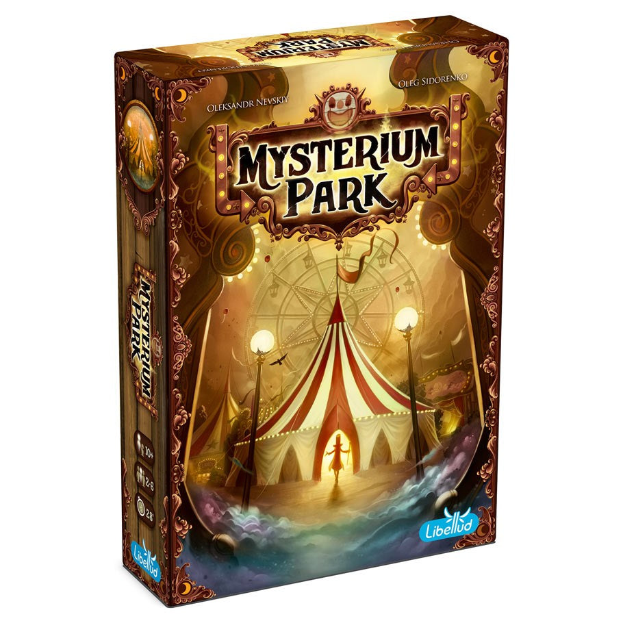 Mysterium Park - Mysterium Park board game box with circus tent illustration and warm glowing lights on brown background.