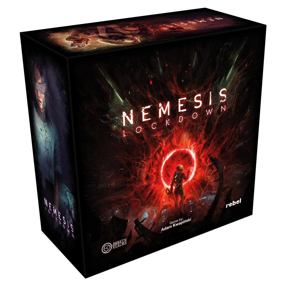 Nemesis: Lockdown - Lockdown board game box with dark sci-fi design and glowing red circular portal on front cover.