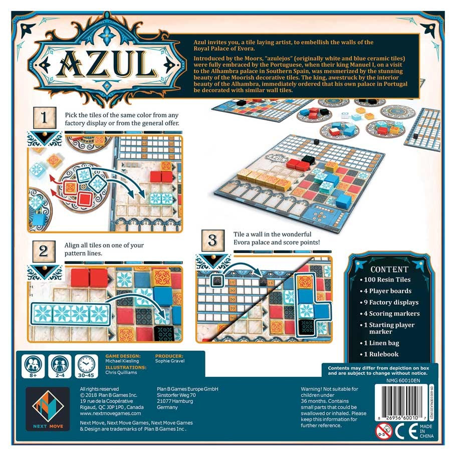 Azul - Azul board game box with colorful tile patterns and game instructions visible on the back panel.