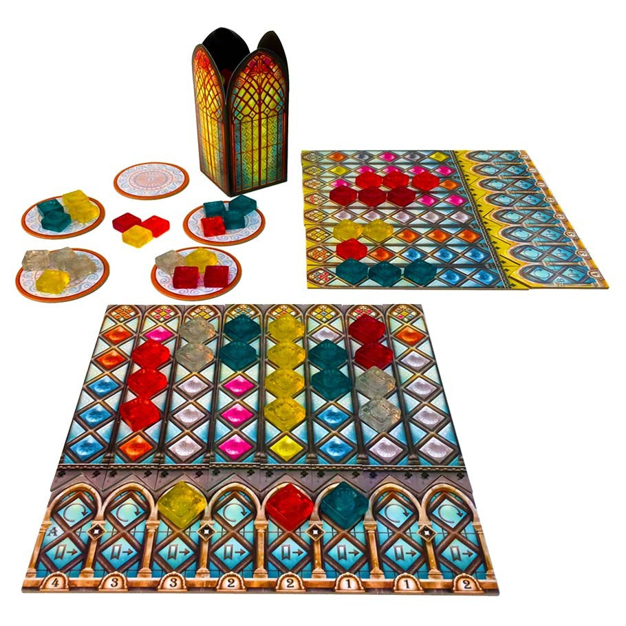 Azul: Stained Glass of Sintra - Stained Glass of Sintra game setup with stained glass window pieces, player boards, and round tiles.