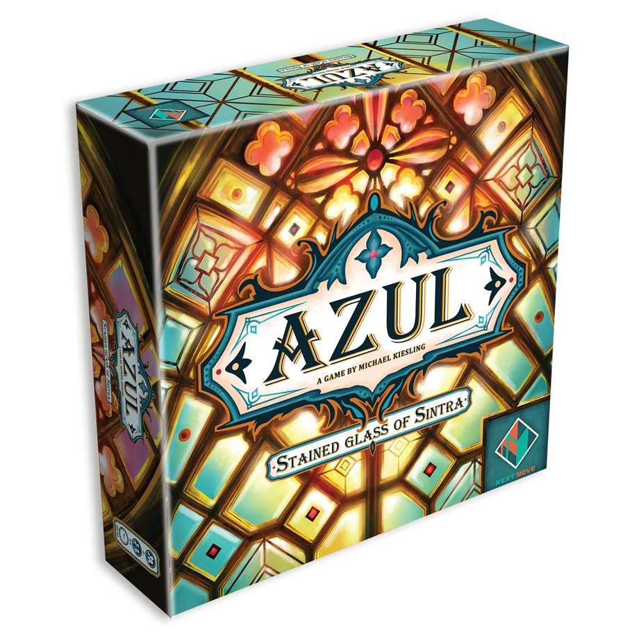 Azul: Stained Glass of Sintra - Azul board game box featuring colorful stained glass tile designs with intricate patterns and warm hues.