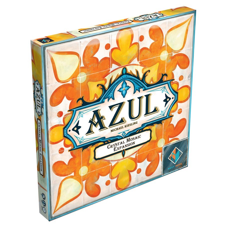 Azul: Crystal Mosaic Expansion - Azul Crystal Mosaic Expansion board game box with orange and yellow tile patterns on white background.