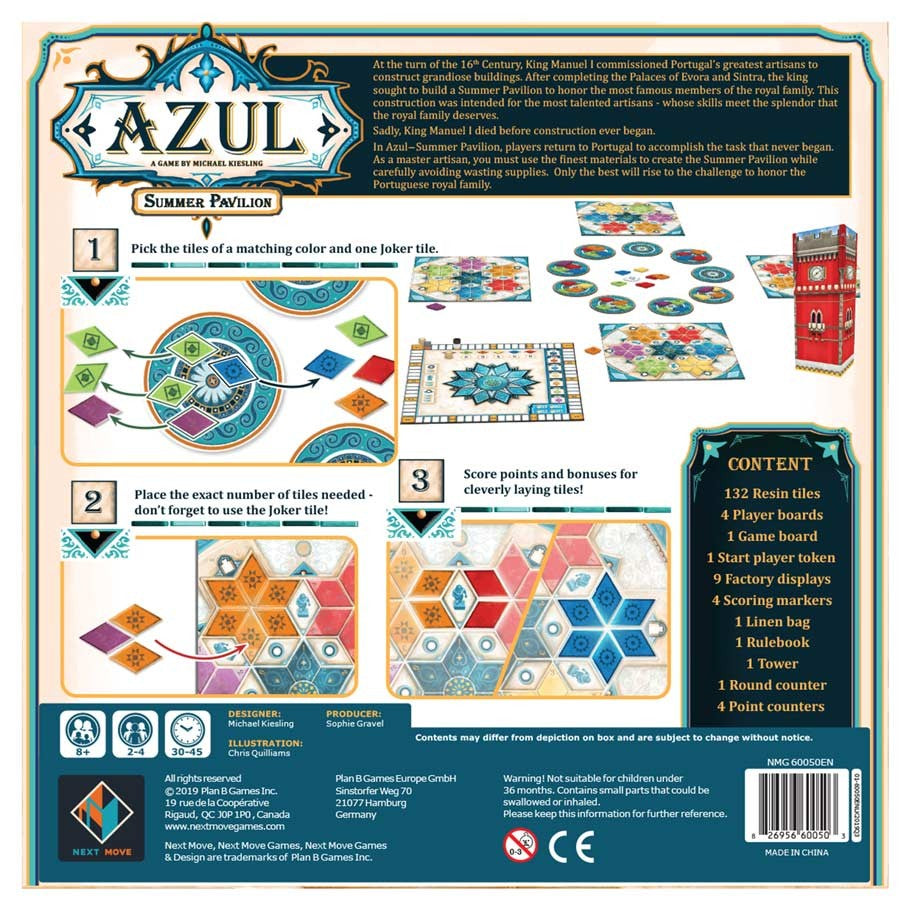 Azul: Summer Pavilion - Azul Summer Pavilion board game with colorful tiles, player boards, scoring tokens, and rulebook displayed on white surface.
