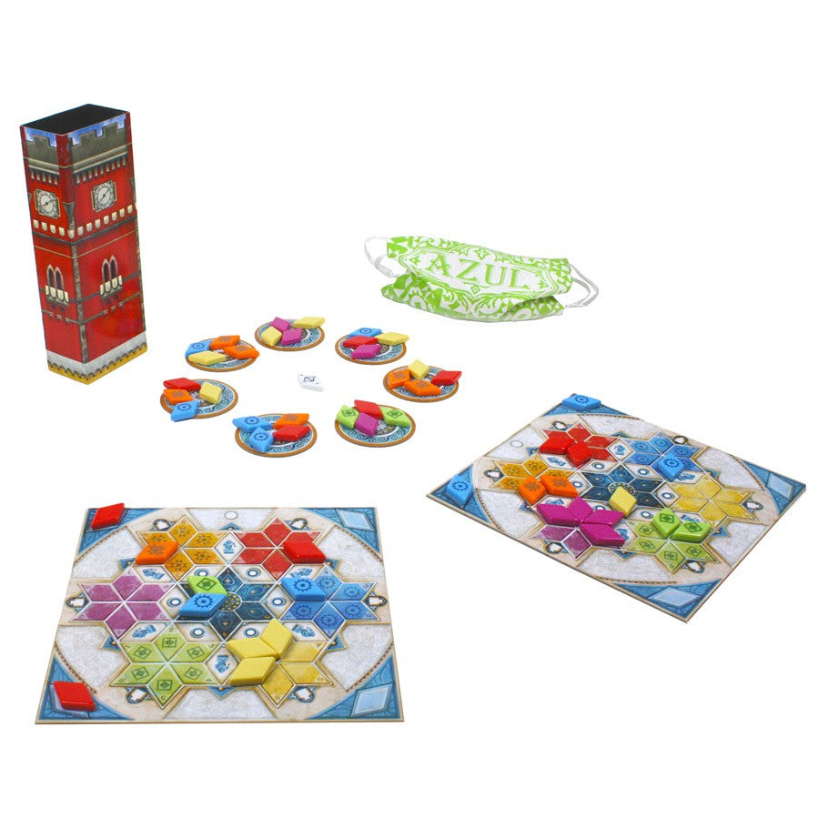 Azul: Summer Pavilion - Azul Summer Pavilion board game with colorful translucent tiles, two player boards, tall red patterned tile dispenser, and.