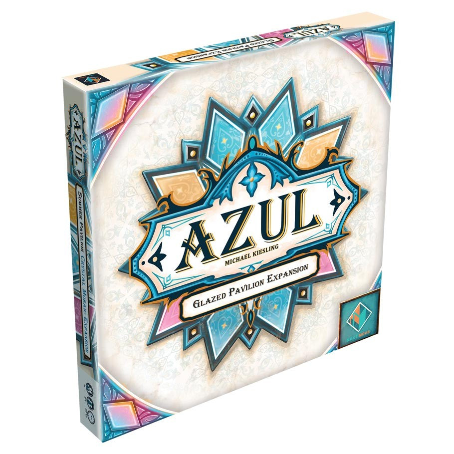 Azul: Summer Pavillon: Glazed Pavilion - Square board game box with blue and gold geometric design and "Azul" title on white textured background.