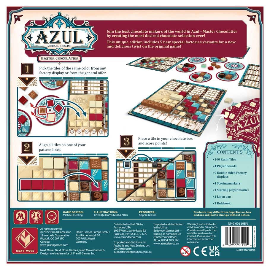 Azul: Master Chocolatier - Master Chocolatier featuring colorful tile patterns, game board, player tokens, and instructional text.