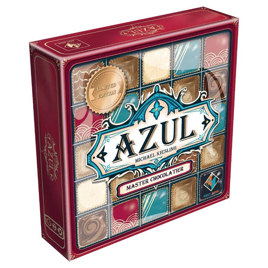 Azul: Master Chocolatier - Azul Master Chocolatier board game box with colorful tile patterns and gold reward emblem on burgundy background.