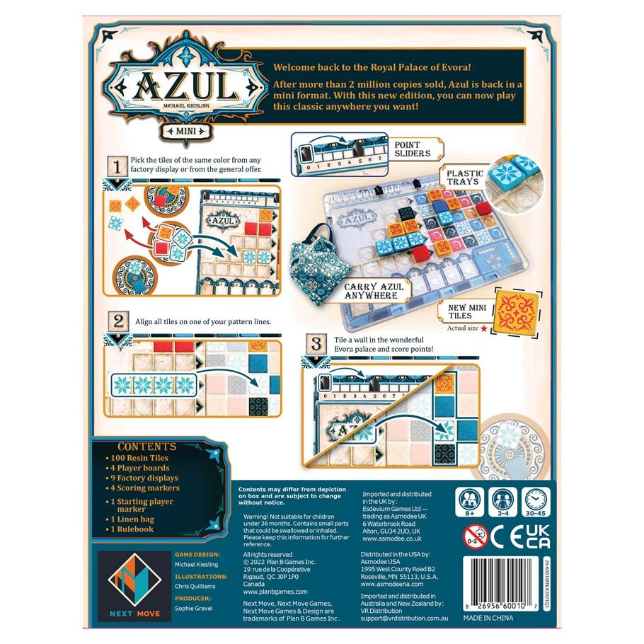Azul: Mini - Back of Azul Mini game box with gameplay instructions, tile patterns, and contents list in blue and beige tones.