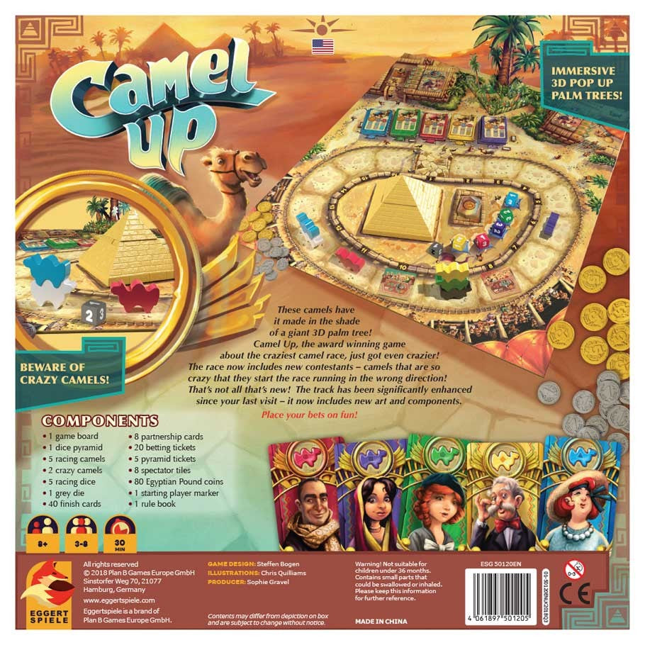Camel Up - Camel Up board game box featuring a colorful desert race track with camels, pyramids, palm trees, and betting tokens.