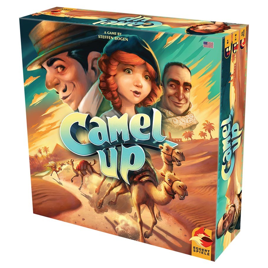 Camel Up - Camel Up board game box featuring three illustrated characters and racing camels in a desert setting.