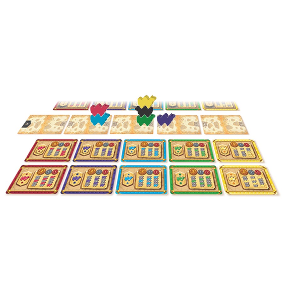 Camel Up Card Game - Camel Up card game components with colorful camel tokens and various betting cards arranged in rows on a white background.