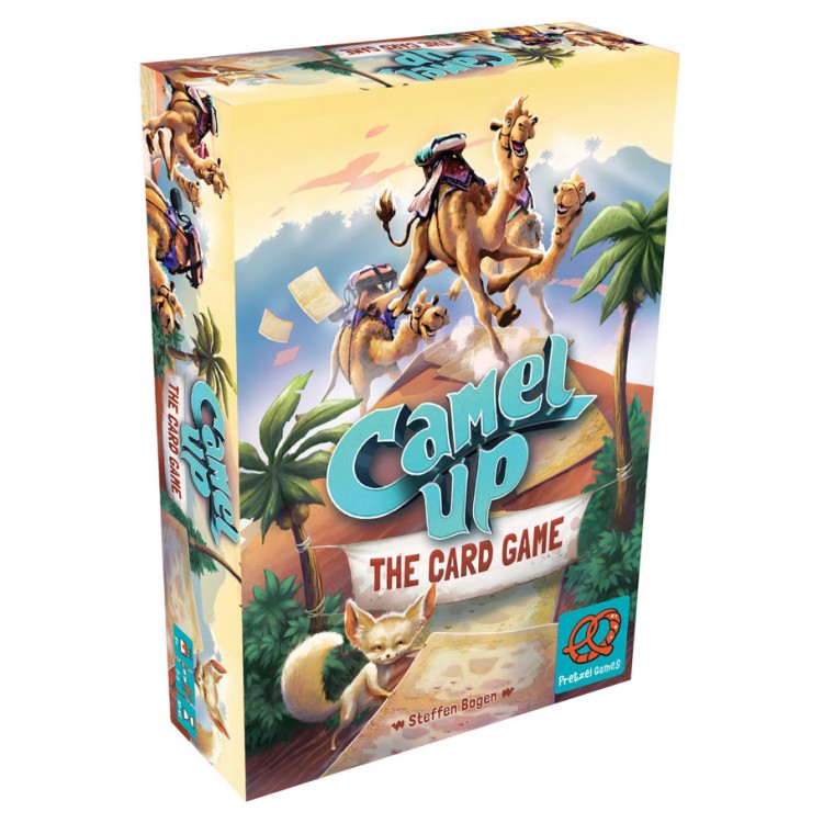 Camel Up Card Game - Camel Up card game box featuring playful camels racing in a desert setting with palm trees and scattered cards.