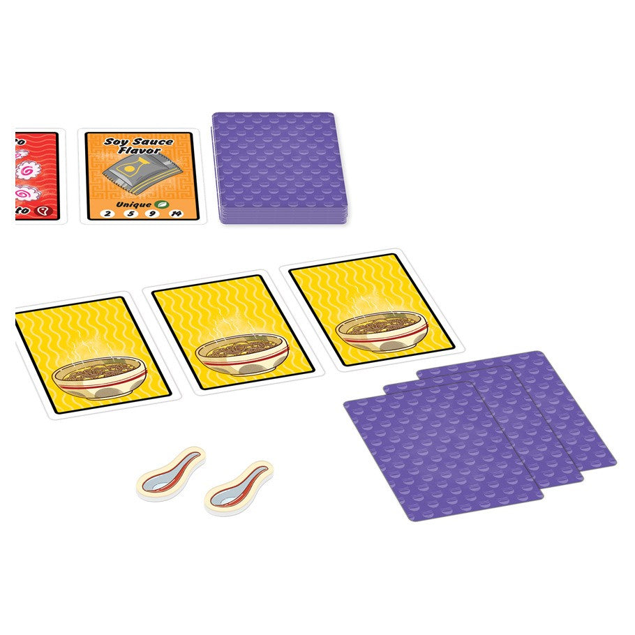 Ramen Fury - Ramen Fury card game featuring noodle bowl cards, purple patterned backs, and wooden spoon tokens on white background.