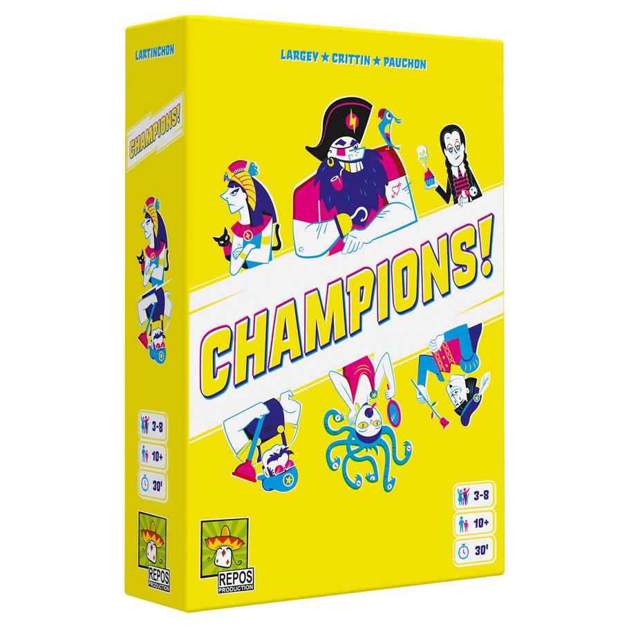 Champions! - Bright yellow Champions! party game box with colorful cartoon characters and bold white and purple text.