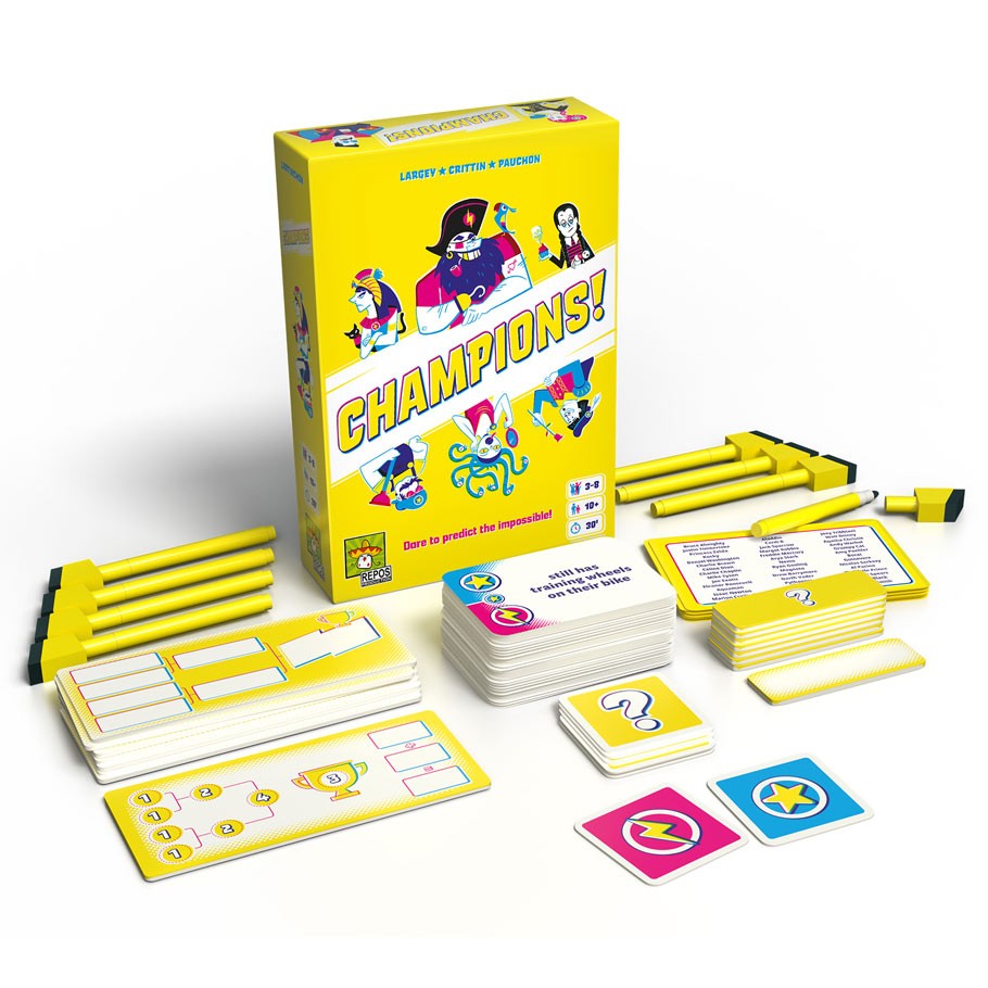 Champions! - Champions! party game with yellow-themed cards, score pads, and yellow marker holders displayed alongside the box.