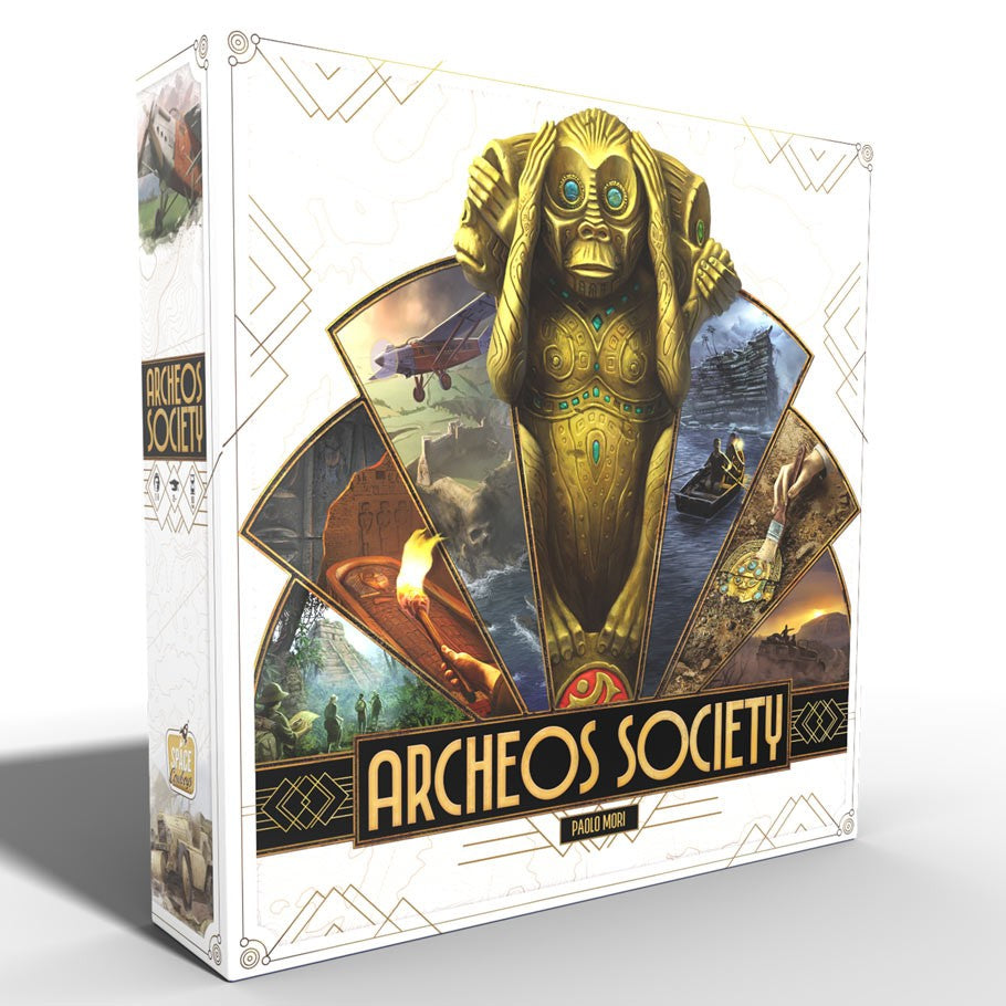 Archeos Society - Archeos Society board game box with art of a golden statue and ancient scenes on white background.