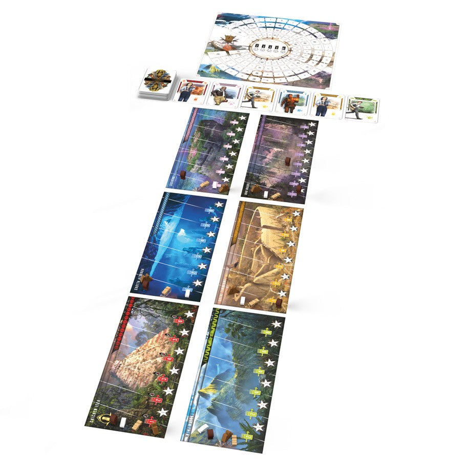 Archeos Society - Archeos Society board game setup with illustrated map tiles, player cards, and circular game board on white background.