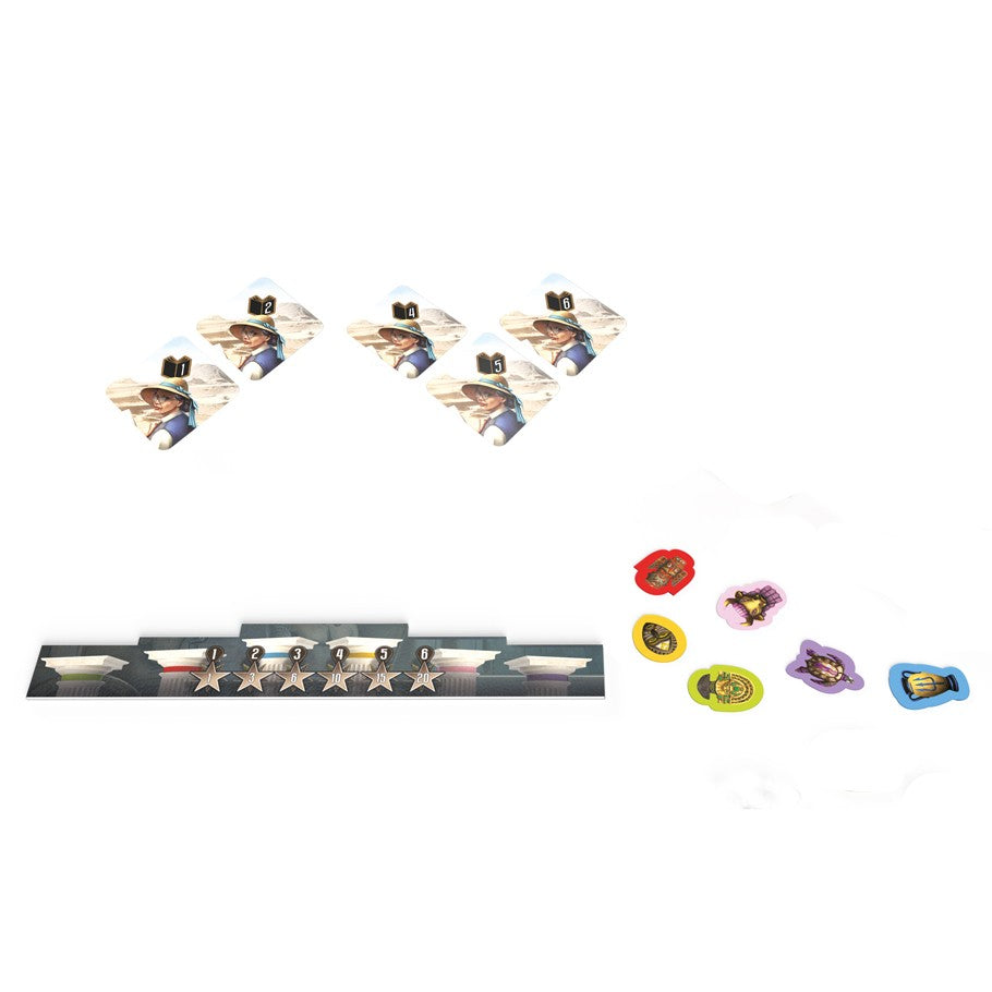 Archeos Society - Triangular game cards with illustrated characters above a black player board and colorful round tokens arranged on a white.