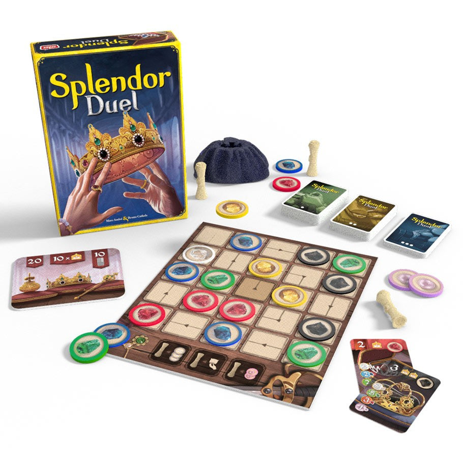 Splendor Duel - Splendor Duel board game with box, game board featuring gem tokens, cards, gold coin, and pouch on white background.