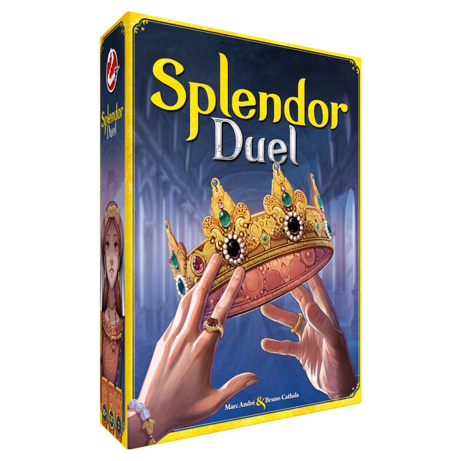Splendor Duel - Splendor Duel board game box with illustration of hands holding a jeweled gold crown against a blue background.