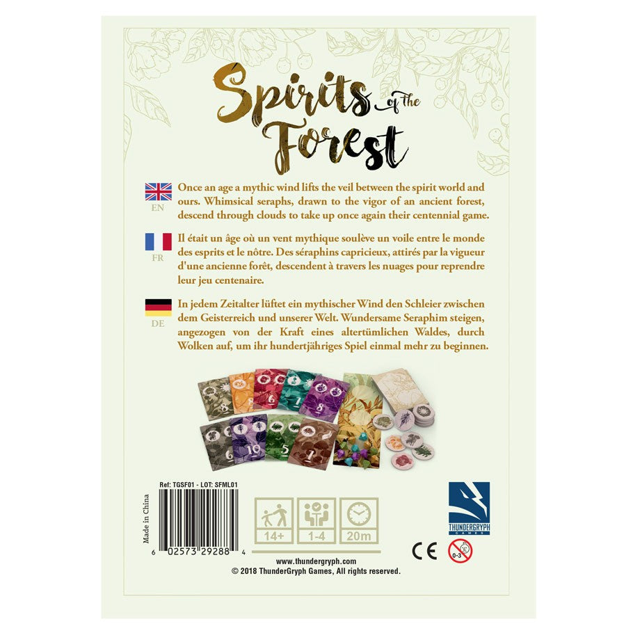 Spirits of the Forest - Card game box back with colorful tokens, illustrated game cards, and detailed game instructions in gold and black text on.